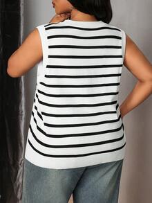 Truni Colete de malha casual plus size listrado com abotoamento simples para mulheres no outono/inverno - Multicolorido - Ver 2