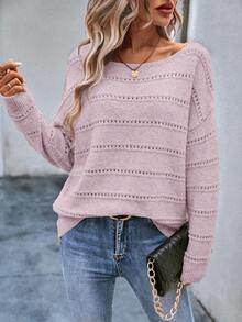 EMERY ROSE Women's Casual Sexy Solid Color Round Neck Drop Shoulder Sweater, Suitable For Spring And Autumn Golf Pastal - Pink - View 5