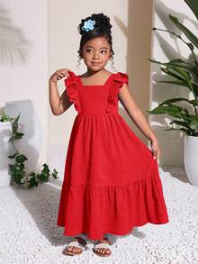 Robe longue pour jeune fille mode, col carré bleu, manches à volants, style bohème, dos nu avec nœud décoratif, drapé confortable, imprimé totem noir et blanc, minimaliste et élégante. Convient pour les fêtes, sorties, vacances et plage au printemps/été - Rouge - Voir 6