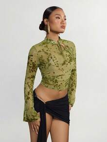 SHEIN ICON 复古网纱植绒透视露肩喇叭袖女式上衣 - 軍綠色 - 查看 4