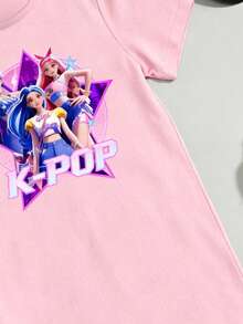女童韩流K-POP女团印花短袖T恤裙，儿童多巴胺彩色星星休闲连衣裙，可爱萌系幼儿服装，适合春、夏、秋季等所有季节 - 白色 - 查看 5