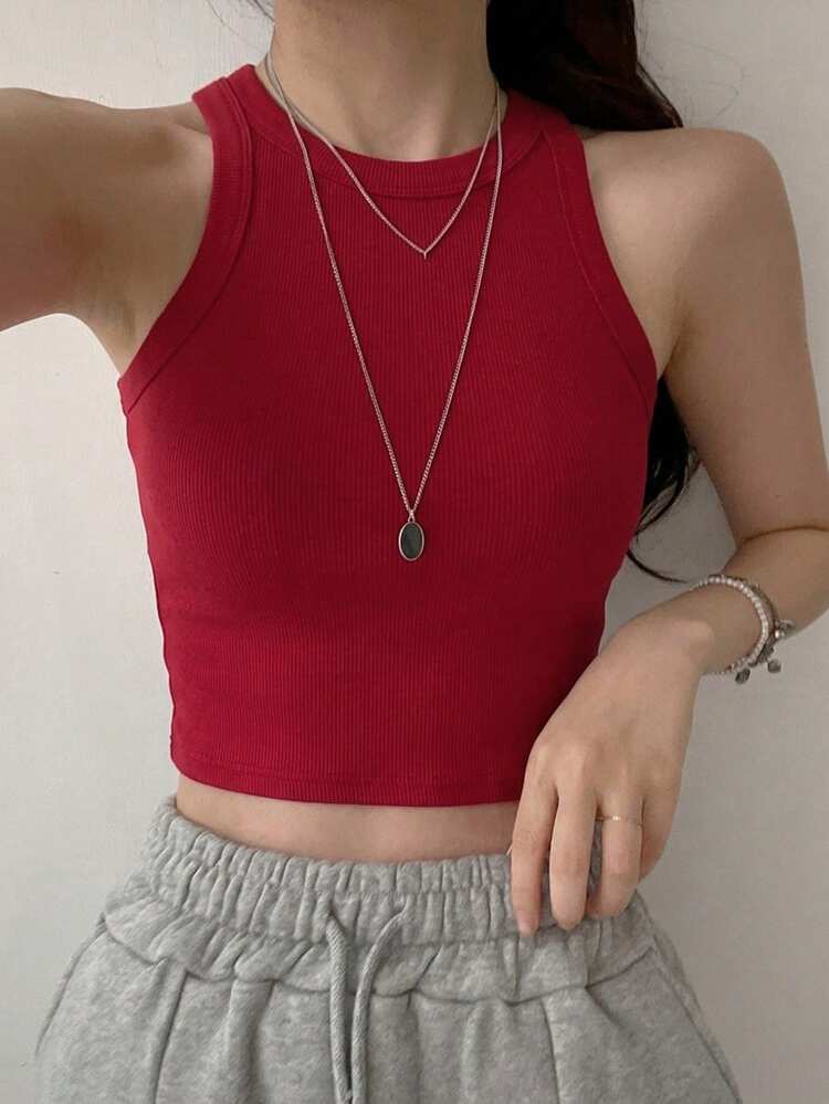 Women's Summer Casual Sports Daily Commute All-Match Solid Color Ribbed Knit Fitted Cropped Tank Top