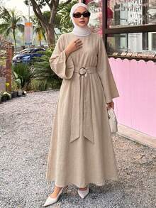 DAZY Casual Loose Long Sleeve Dress, Suitable For Spring And Summer Vacation - Apricot - View 5