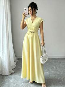 Franclia Đầm đỏ anh đào thanh lịch dành cho nữ, cổ chữ V, tay cánh dơi, eo thắt, dáng xòe, không tay, thích hợp cho mùa xuân/hè. - Vàng nhạt - Xem 5