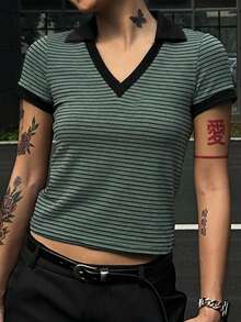 DAZY Women's Striped Short Sleeve Fitted T-Shirt - Green - View 3