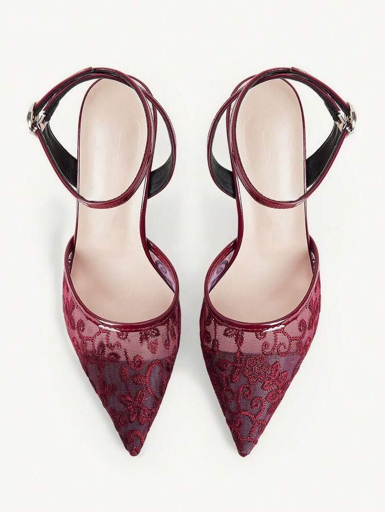 CUCCOO CHICEST Summer Ladies Elegant Luxury Burgundy Mesh Embroidered Women's Shoes Shopping Party Commuter Office Fashion Pointed High Heels Summer Shoes