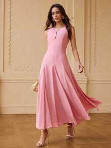 ZEYLAH Women's Solid Color Elegant Waist Cinched Midi Party Dress - Pink - View 1