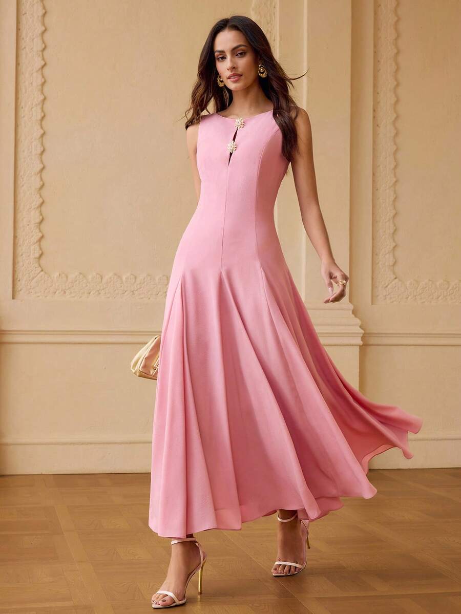 ZEYLAH Women's Solid Color Elegant Waist Cinched Midi Party Dress - Pink - View 1