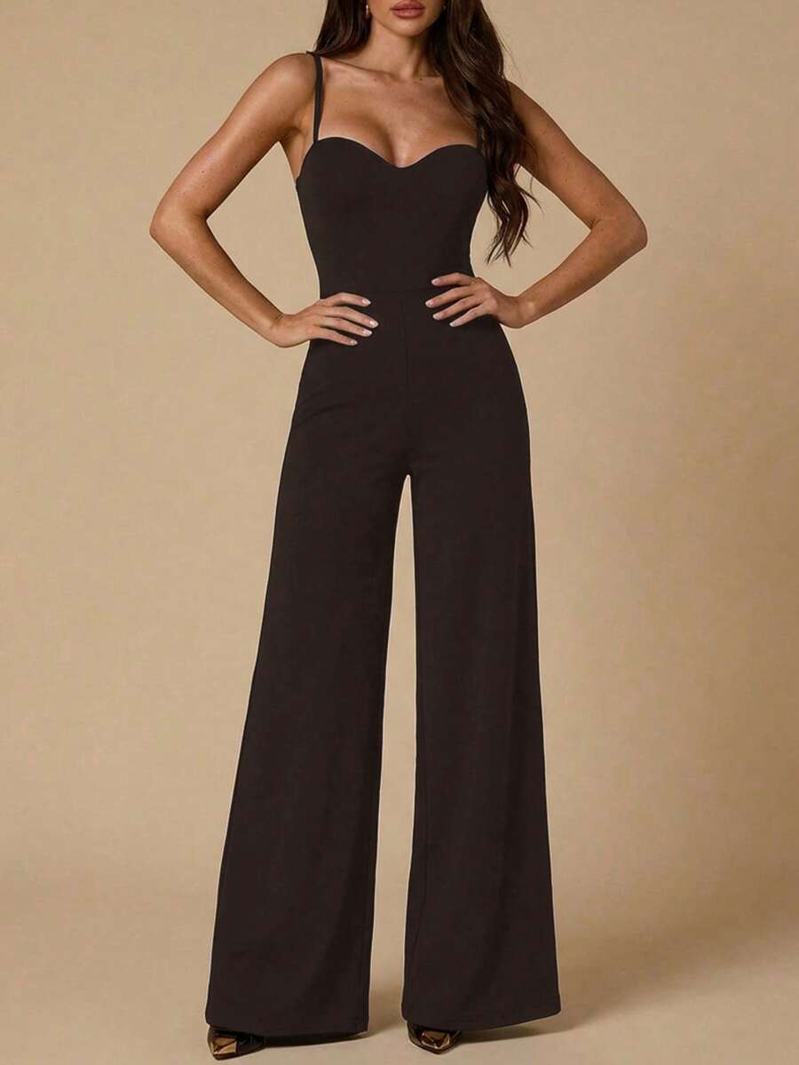 SHEIN BAE Women's Elegant Minimalist Solid Color Wide Leg Jumpsuit - Coffee Brown - View 1
