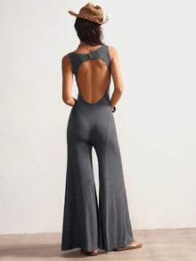 Bohemela Solid Color Knit Backless Sleeveless Wide Leg Jumpsuit For Women - Dark Grey - View 2