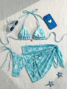 Swim Mod Conjunto de 3 piezas de ropa de playa de verano para mujer: Top halter con textura floral, Bottom de bikini con lazo lateral y falda de malla transparente - Azul - Ver 2