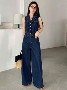 DAZY 女款領口無袖牛仔襯衫與寬鬆長褲2件套小碼夏季 - 藍色 - 查看 4