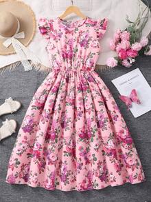 SHEIN Sparklyn 碎花图案短袖收腰连衣裙，适合少女度假、休闲和日常穿着。 - 粉色 - 查看 7