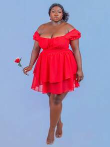 CurvyTilda Summer Holiday/Date Blue Solid Off-Shoulder Multi-Layer Ruffle Big Bowknot Casual Dress, Plus Size,Birthday Dresses For Women,Valentine Outfits - Red - View 3
