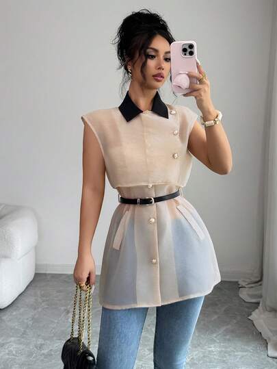 Elenzga Áo khoác dáng dài nữ thanh lịch, cổ áo sơ mi, thắt lưng phối màu tương phản, trang trí cúc.