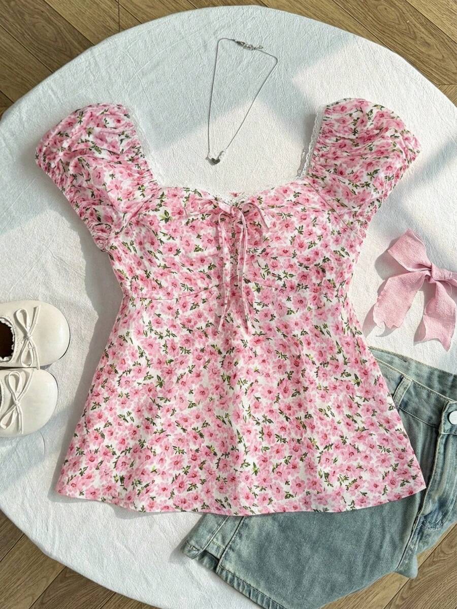 Tween Girls Floral Lace Trim Shirred Printed Blouse, Casual Vacation French Short Sleeve Shirt - Pink - View 1