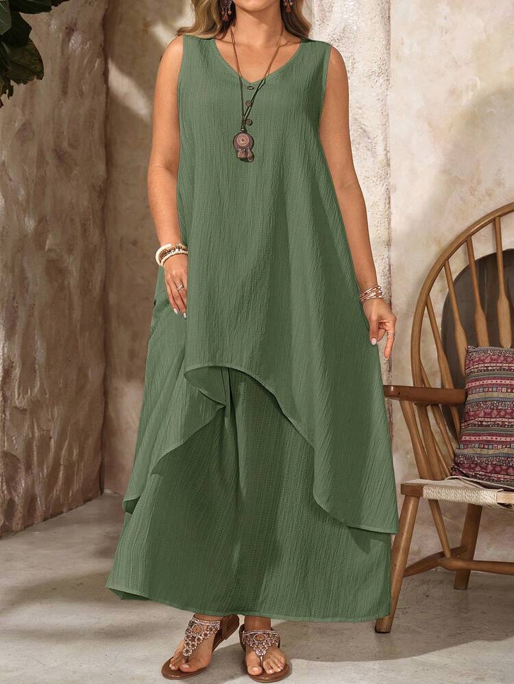 Plus Size Women's Summer V-Neck Sleeveless 2 In 1 White Long Dress