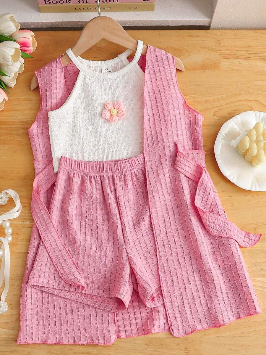 SHEIN Elladie kids 女童夏季三件套:无袖露脐上衣、直筒短裤和带腰带装饰的薄针织外套,休闲舒适 - 粉色 - 查看 1