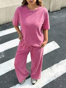 SHEIN Muchic Plus Size Distressed Fuchsia Acid Wash Loose T-Shirt + Wide Leg Pants 2 Pieces Cotton Suit Set, Spring/Summer - Hot Pink - View 6