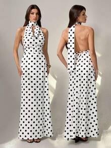 SHEIN Tall Elegant Polka Dot Print Long Dress With Flowing Collar For Women,Summer Dresses For Women - White - View 4