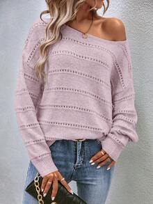 EMERY ROSE Women's Casual Sexy Solid Color Round Neck Drop Shoulder Sweater, Suitable For Spring And Autumn Golf Pastal - Pink - View 3