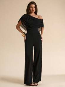 SHEIN BAE Black Off Shoulder Ruched Bodycon Elegant Jumpsuit For Women, Sheer Splice Oblique Women's Graceful Mesh Wide Leg - Black - View 3