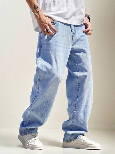 Claim Dot Herren Jeans aus Baumwolle mit Bleiche-Waschung und geradem Bein, schlichte lange verwaschen weite hellblaue Cargo Jeans, als Geschenk für Ehemann oder Freund