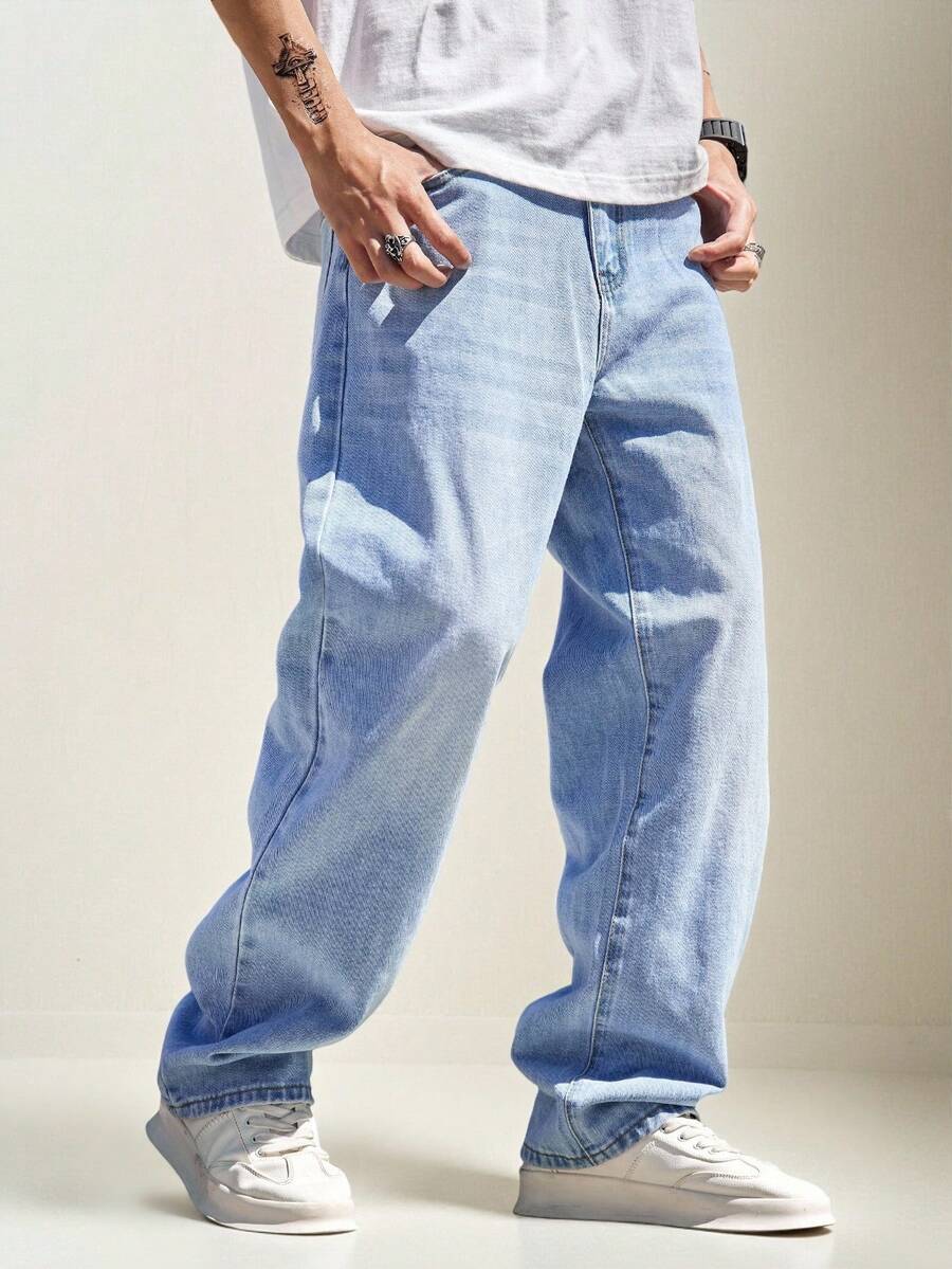 RONVEXI Men Cotton Bleach Wash Straight Leg Jeans, Plain Long Washed Baggy Light Blue Cargo Jeans, For Husband, Boyfriend Gifts Work Going Out Urban Vacation - Light Wash - View 1