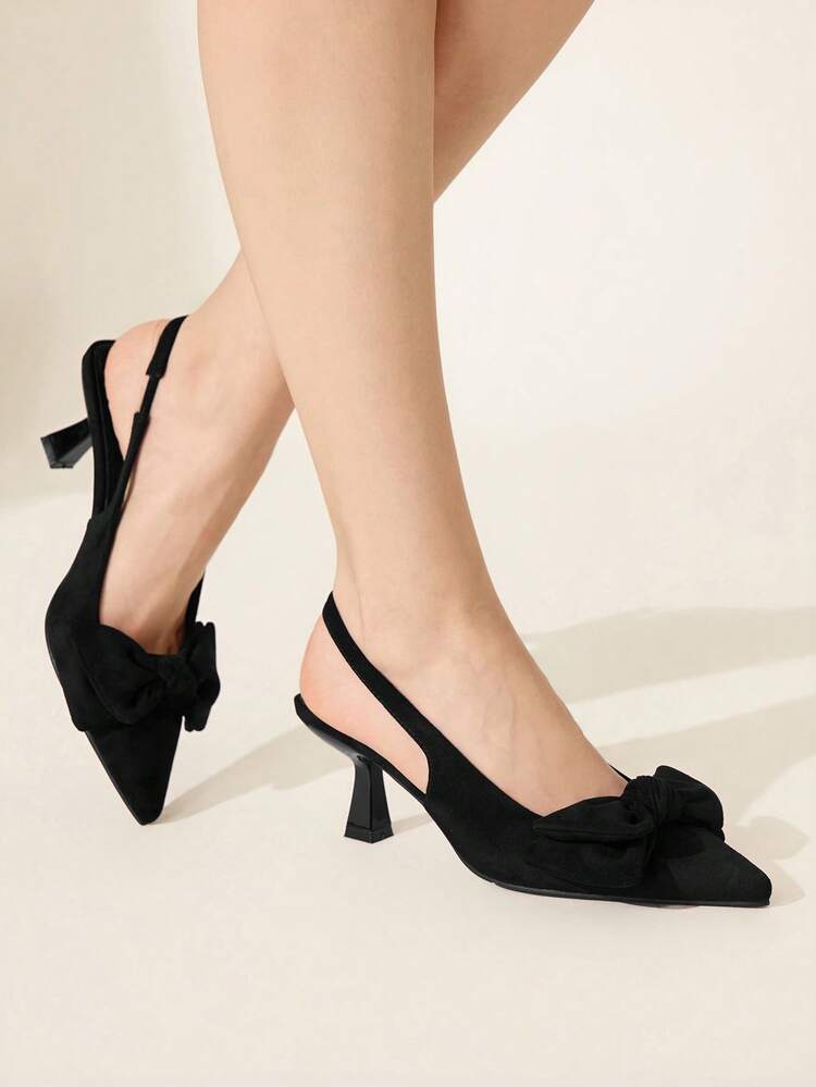 CUCCOO CHICEST Women's Black Velvet Bow Pointed-Toe Kitten Heel Slingback Pumps - Cute Elegant Office Daily Glam Heels