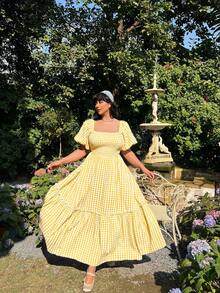 Lyrianda Vestido casual de vacaciones de manga corta a cuadros verdes para mujer de talla grande - Amarillo - Ver 6