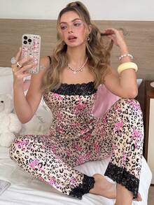 SweetSlumber Conjunto de pijama de mujer con bloque de color, estampado de leopardo y parches de encaje - Multicolor - Ver 3
