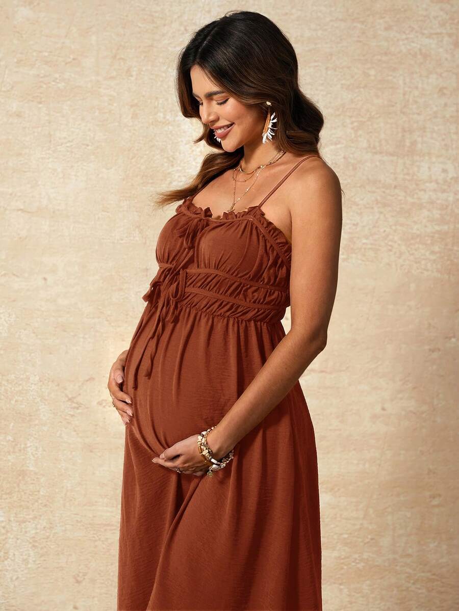 Boho Mama 孕妇夏季休闲纯色无袖连衣裙 - 紅木色 - 查看 1