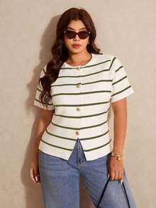 Elaquor Plus Size Round Neck Short Sleeve Striped Front Button Knit Top - Multicolor - View 6