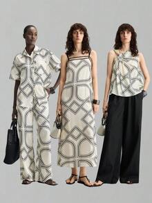 Ontre 女士几何图案柔软亚麻质感面料修身落肩短袖衬衫和松紧腰长裤，现代度假海滩波西米亚风套装，适合乡村音乐节、西部休闲时尚低调复古奢华邮轮装、简约优雅高品质都市通勤办公套装，四季皆宜的百搭女士两件套 - 彩色 - 查看 7