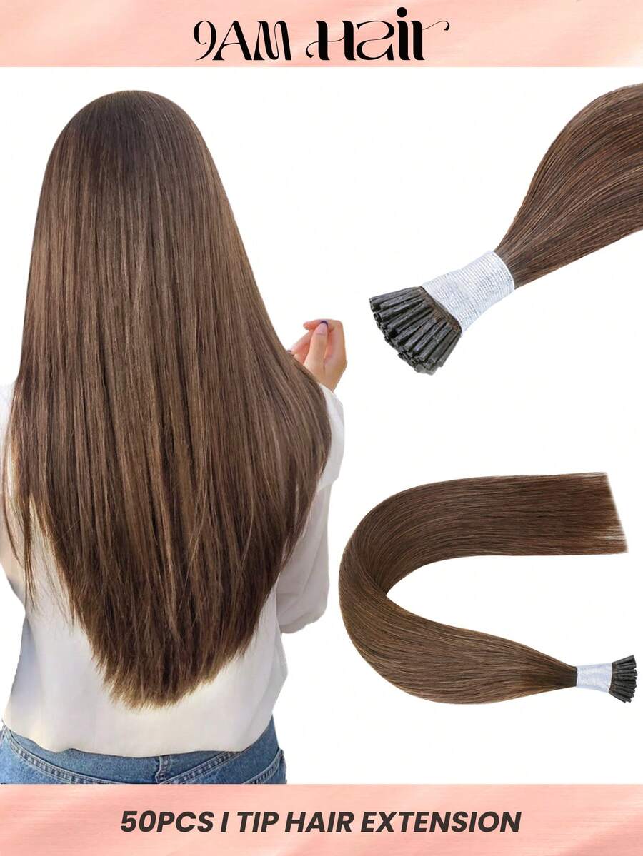 50pcs I Tip Hair Straight Dark Brown Color 150% 18-26 Inch Remy Human Hair I Tip Hair Extension Light Brown Color Hair Extensions - S4 - View 1