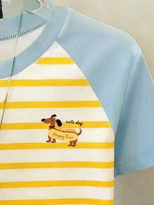 Áo thun cổ tròn tay ngắn in hình chó Dachshund sọc hoạt hình dễ thương, phù hợp cho bé gái tuổi teen. Mẫu áo đa năng, dễ phối đồ, thích hợp cho các buổi đi chơi, mùa xuân/hè/thu. - Nhiều màu - Xem 4