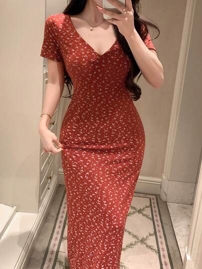 Dazy Kids V-Neck Ditsy Floral Fitted Short Sleeve Summer Nightgown, Girl Sleepwear Dress