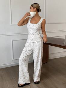 DAZY Women's Summer Ditsy Floral Knit Lace Trim Camisole And Pants Pajama Set - White - View 8