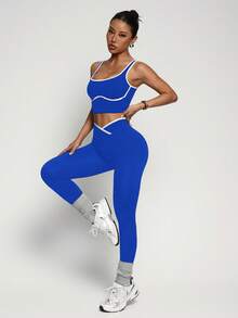 Dewbera Dewbera Women's Yoga Colorblock Seamless Sports Set - Royal Blue - View 5