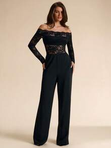 SHEIN BAE Black Long Sleeve Sexy Off-Shoulder Lace Jumpsuit, Tight-Fitting Flared Leg, Spring/Summer - Black - View 4