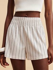 Travachic Women's Summer Vacation Elastic Waist Textured Striped Shorts, Beach Outfits, Boho - Apricot - View 2