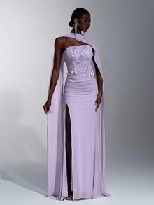 Aureia Elegant Luxurious Beaded Sequin 3D Floral Lace Patchwork Stretchy Korean Net Ruched Fishtail Dress For Weddings,Parties,Galas&Formal Occasions - Violet Purple - View 9
