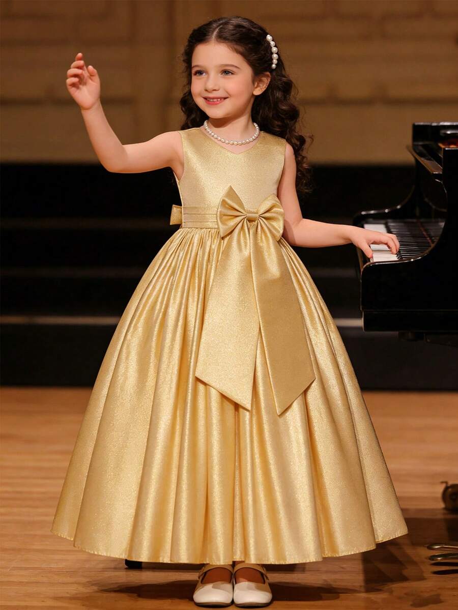Glamorique Kids 女童优雅纯金连衣裙,无袖腰部蝴蝶结装饰公主裙,适合婚礼花童、生日派对、舞台表演,简约高端连衣裙 - 杏色 - 查看 1