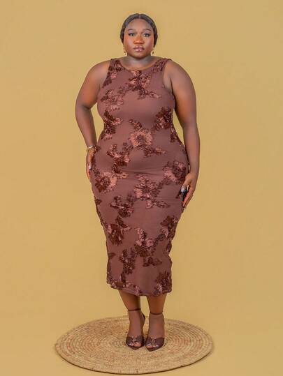 CurvyTilda 大码女式花卉提花无袖露背连衣裙，咖啡棕色