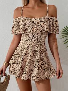 SHEIN Conjunto de dos piezas de traje de baño con tirantes finos, diseño de estampado de animales y flores, y dobladillo irregular con volantes, para mujer, estilo de playa, fiesta y vacaciones de verano - Multicolor - Ver 3
