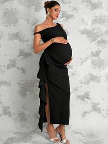 MaterniChic Maternity Solid Color Asymmetrical Shoulder Sleeveless Slit Ruffle Hem Long Dress, Summer - Black - View 9