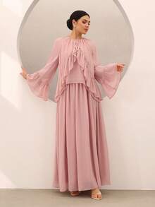 Graceveil Women's Chiffon Flare Sleeve Ruffle Blouse And Elegant Maxi Skirt Set - Pink - View 1