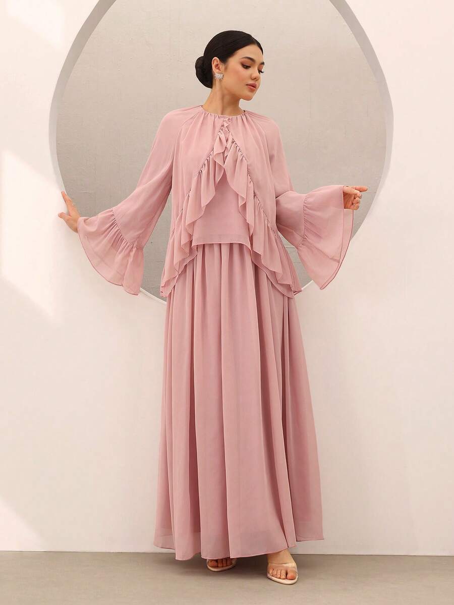 Graceveil Women's Chiffon Flare Sleeve Ruffle Blouse And Elegant Maxi Skirt Set - Pink - View 1
