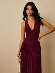 Poéselle Vestido de verano elegante de unicolor con escote halter y espalda descubierta para mujer - Burdeos - Ver 7