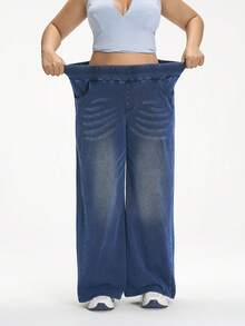 Flexra Plus Size Plain Color Block Casual Stretchy Knit Jeans - Blue - View 3